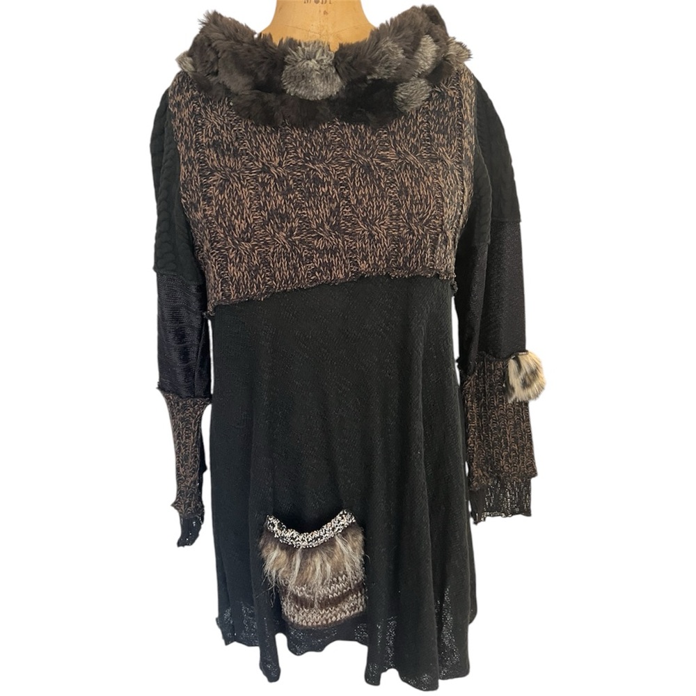 Lee Andersen Furgus Tunic or Dress – Brown Faux Fur Knit Layered Look – Size XL